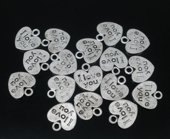 Immagine di Lega di Zinco Charm Ciondoli Cuore Argento Antico Lettere Disegno I Love you Intagliato 12.0mm x 11.0mm, 50 Pz