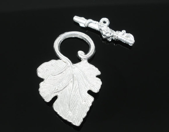Picture of Zinc Based Alloy Toggle Clasps Grape Leaf Silver Plated 37mm x 23mm 25mm x 8mm, 20 Sets