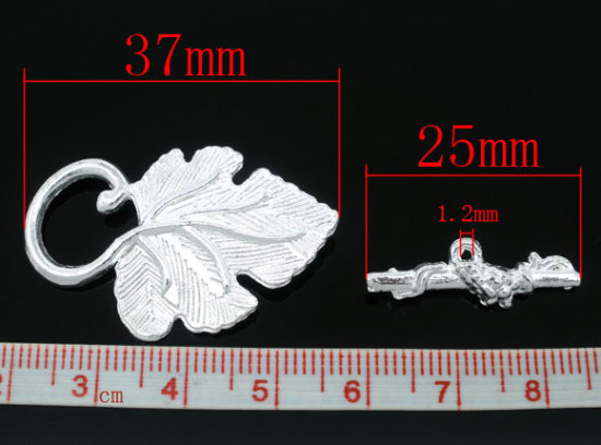 Picture of Zinc Based Alloy Toggle Clasps Grape Leaf Silver Plated 37mm x 23mm 25mm x 8mm, 20 Sets