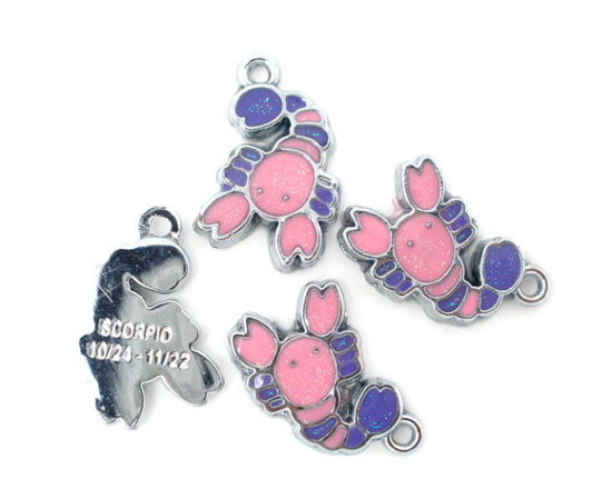 Picture of Zinc Based Alloy Charms Scorpio Sign Of Zodiac Constellations Silver Tone Multicolor Enamel 20mm( 6/8") x 13mm( 4/8"), 10 PCs