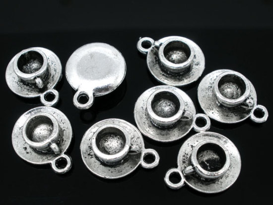 Bild von Zinklegierung Kaffe/Tee Tasse Becher Geschirr Anhänger Antiksilber 19mm x 15mm, 20 Stück