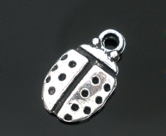 Picture of 100 Antique Silver Color Ladybug Charm Pendants 12x7mm