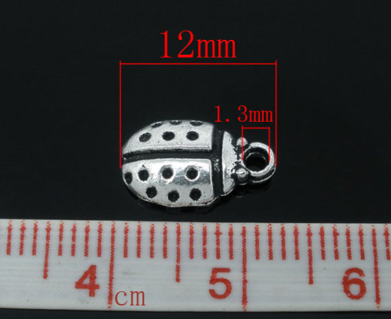 Picture of 100 Antique Silver Color Ladybug Charm Pendants 12x7mm