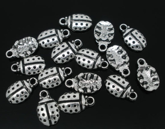 Picture of 100 Antique Silver Color Ladybug Charm Pendants 12x7mm