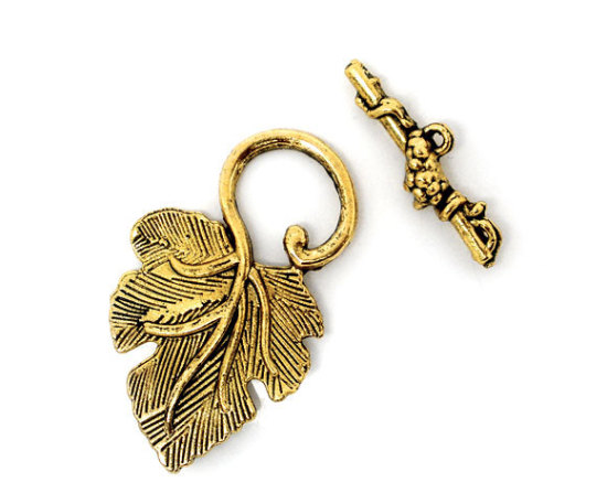 Picture of Zinc Based Alloy Toggle Clasps Grape Leaf Gold Tone Antique Gold 37mm x 23mm 25mm x 8mm, 20 Sets
