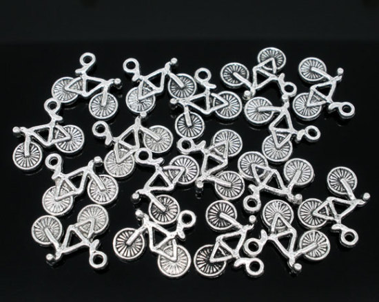 Imagen de Colgantes Aleación del Metal Del Zinc de Bicicleta Plata Antigua Rhinestone 15.0mm x 13.0mm, 50 Unidades 