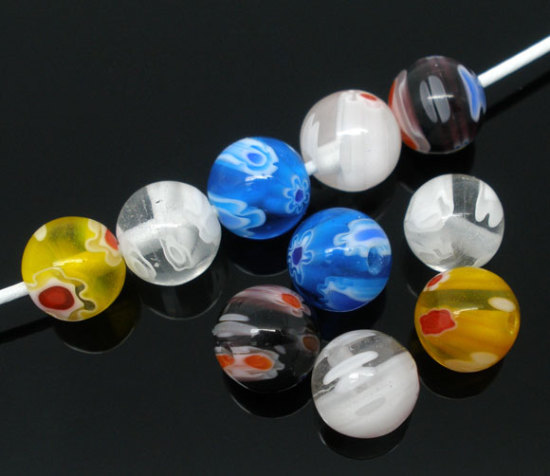 Picture of Lampwork Glass Beads Round Mixed Flower Pattern About 8mm Dia, Hole: Approx 1.5mm, 50 PCs