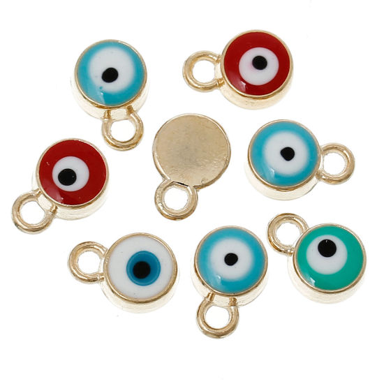 Picture of Zinc Metal Alloy Charm Pendants Round Gold Plated Evil Eye Carved At Random Enamel 10mm( 3/8") x 7mm( 2/8"), 10 PCs