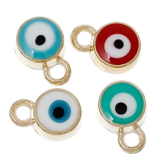 Imagen de Colgantes Aleación Ronda , Chapado en Oro Mal de ojo Patrón Al Azar Esmalte 10mmx 7mm, 10 Unidades