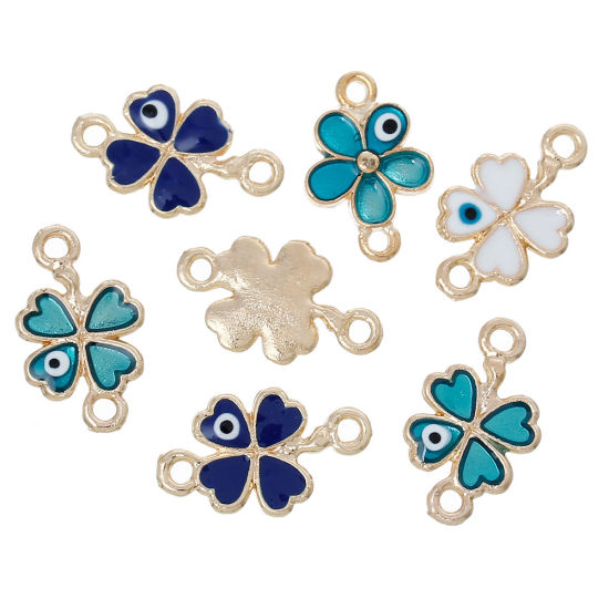 Picture of Zinc Metal Alloy Connectors Findings Four Leaf Clover Gold Plated Evil Eye Carved At Random Enamel 20mm x 12mm, 10 PCs
