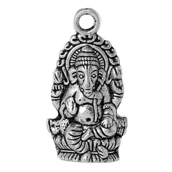 Immagine di Lega di Zinco Charm Ciondoli Budda Argento Antico Elefante Scolpito 27mm x 14mm , 50 Pz