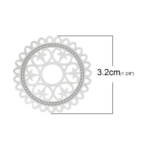 Picture of 304 Stainless Steel Filigree Stamping Embellishments Findings, Round Silver Tone, Flower Hollow Carved 3.2cm(1 2/8") Dia, 10 PCs