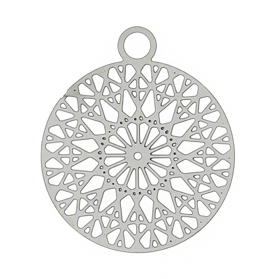 Immagine di Acciaio Inossidabile Charm Ciondoli Tondo Tono Argento Hollow Modello 22.0mm x 18.0mm, Spessore: 0.3mm, 20 Pz