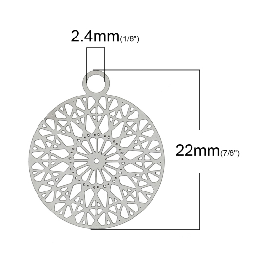 Immagine di Acciaio Inossidabile Charm Ciondoli Tondo Tono Argento Hollow Modello 22.0mm x 18.0mm, Spessore: 0.3mm, 20 Pz