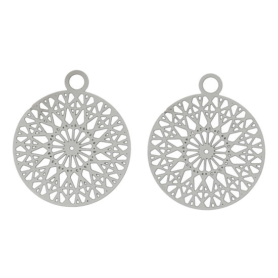 Immagine di Acciaio Inossidabile Charm Ciondoli Tondo Tono Argento Hollow Modello 22.0mm x 18.0mm, Spessore: 0.3mm, 20 Pz