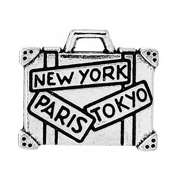 Immagine di Lega di Zinco Charm Ciondoli Valigia Argento Antico Lettere Scolpito " NEW YORK PARIS TOKYO " 16mm x 14mm , 20 Pz