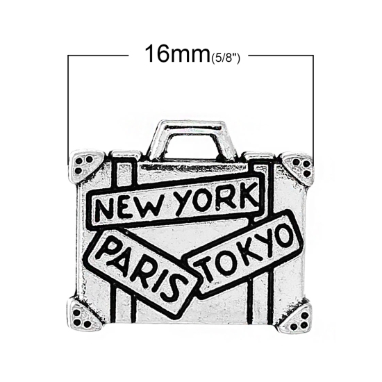 Immagine di Lega di Zinco Charm Ciondoli Valigia Argento Antico Lettere Scolpito " NEW YORK PARIS TOKYO " 16mm x 14mm , 20 Pz