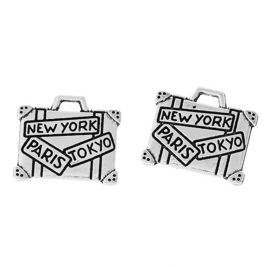 Immagine di Lega di Zinco Charm Ciondoli Valigia Argento Antico Lettere Scolpito " NEW YORK PARIS TOKYO " 16mm x 14mm , 20 Pz