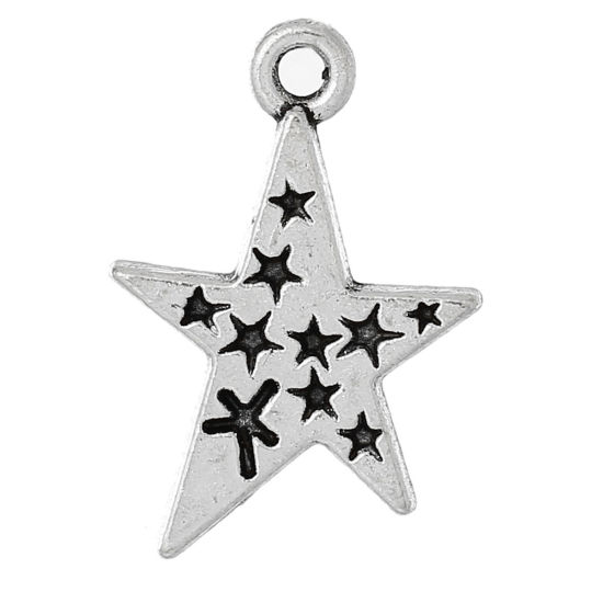 Immagine di Lega di Zinco Charm Ciondoli Stella a Cinque Punte Argento Antico Stella Scolpito 22mm x 15mm , 30 Pz