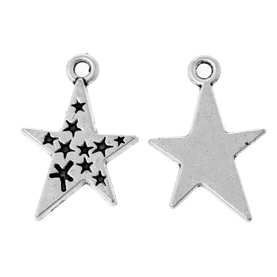 Immagine di Lega di Zinco Charm Ciondoli Stella a Cinque Punte Argento Antico Stella Scolpito 22mm x 15mm , 30 Pz