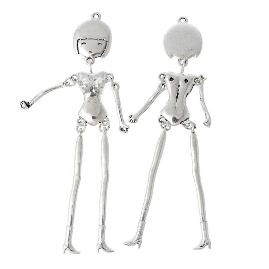 Picture of Zinc Metal Alloy Body DIY Toy Doll Making Pendants Human Femal Skeleton Antique Silver Color 10.4cm(4 1/8") x 1.8cm( 6/8"), 5 PCs