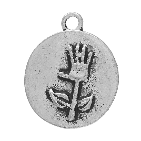 Immagine di Lega di Zinco Charm Ciondoli Tondo Argento Antico Mani Scolpito 21mm x 17mm , 20 Pz