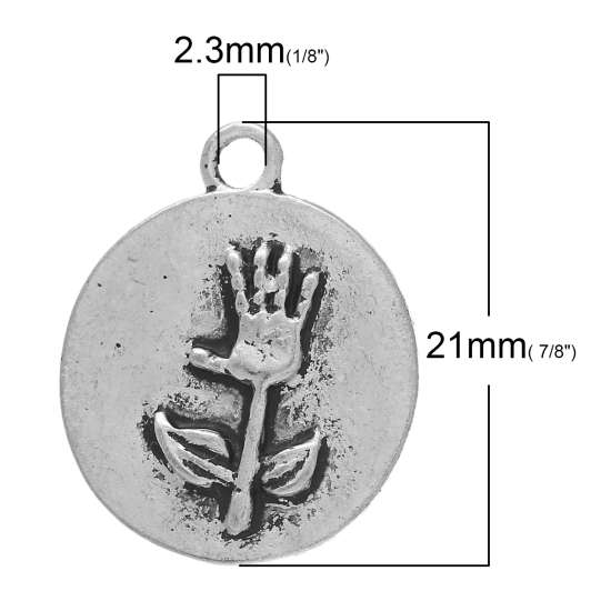 Immagine di Lega di Zinco Charm Ciondoli Tondo Argento Antico Mani Scolpito 21mm x 17mm , 20 Pz