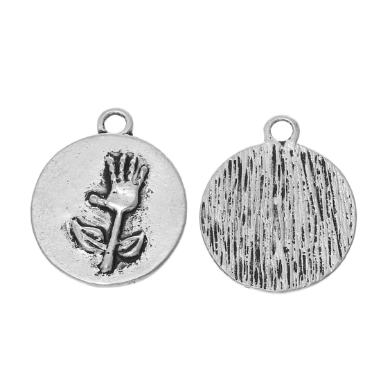 Immagine di Lega di Zinco Charm Ciondoli Tondo Argento Antico Mani Scolpito 21mm x 17mm , 20 Pz