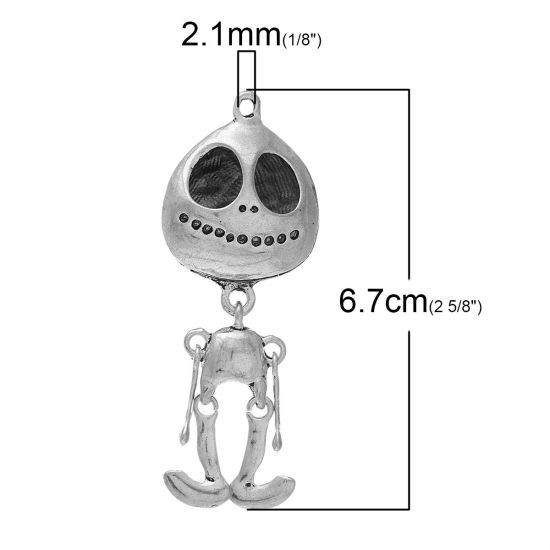 Immagine di Lega di Zinco 3D Charm Ciondoli Extraterrestre Argento Antico Halloween Cranio Scolpito 67mm x 25mm , 2 Pz
