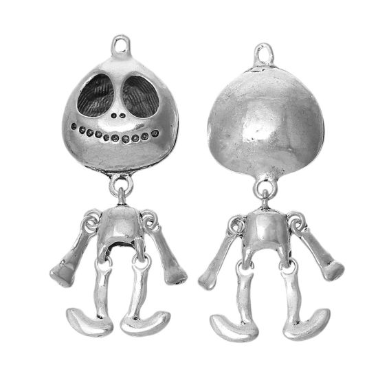 Immagine di Lega di Zinco 3D Charm Ciondoli Extraterrestre Argento Antico Halloween Cranio Scolpito 67mm x 25mm , 2 Pz