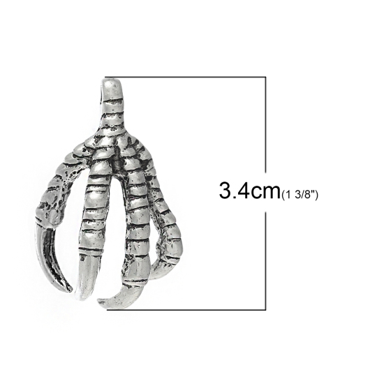 Picture of Zinc Metal Alloy 3D Pendants Eagle Claw Antique Silver Color 34mm(1 3/8") x 23mm( 7/8"), 5 PCs