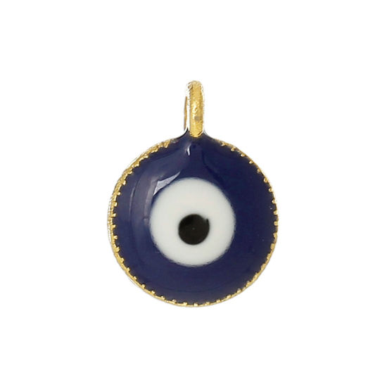 Picture of Zinc Metal Alloy Charm Pendants Round Gold Plated Evil Eye Carved Blue & White Enamel 10mm( 3/8") x 7mm( 2/8"), 10 PCs
