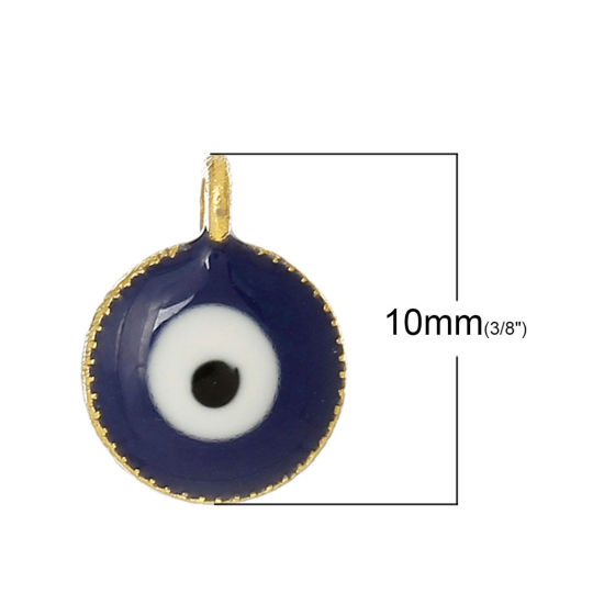 Picture of Zinc Metal Alloy Charm Pendants Round Gold Plated Evil Eye Carved Blue & White Enamel 10mm( 3/8") x 7mm( 2/8"), 10 PCs