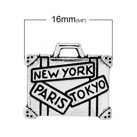 Zinc Metal Alloy Charm Pendants Suitcase Antique Silver Color Message " NEW YORK PARIS TOKYO " Carved 16mm( 5/8") x 14mm( 4/8"), 20 PCs