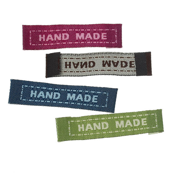 Picture of 200 PCs Cotton Woven Printed Labels Rectangle Mixed Color " Hand Made " 4.5mm x 1.1cm