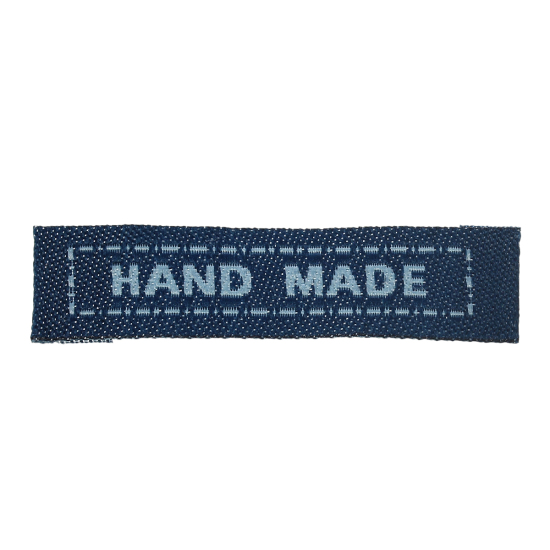 Picture of Cotton Woven Printed Labels DIY Scrapbooking Craft Rectangle Navy blue Message Pattern " Hand Made " 45mm(1 6/8") x 10mm( 3/8"), 200 PCs