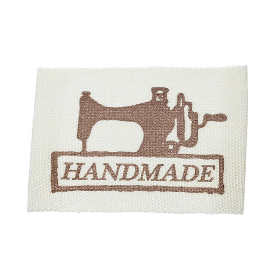 Picture of Cotton Woven Printed Labels DIY Scrapbooking Craft Rectangle Off-white Sewing Machine Pattern " Hand Made " 49mm(1 7/8") x 25mm(1"), 70 PCs