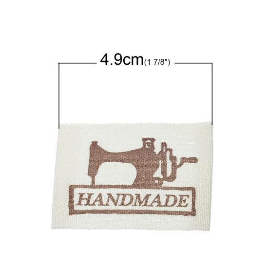 Picture of Cotton Woven Printed Labels DIY Scrapbooking Craft Rectangle Off-white Sewing Machine Pattern " Hand Made " 49mm(1 7/8") x 25mm(1"), 70 PCs