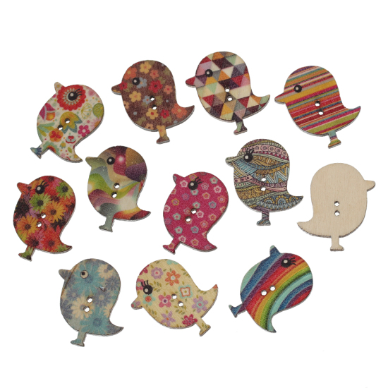 Picture of Wood Sewing Buttons Scrapbooking 2 Holes Bird Animal At Random Mixed 30mm(1 1/8") x 28mm(1 1/8"), 100 PCs