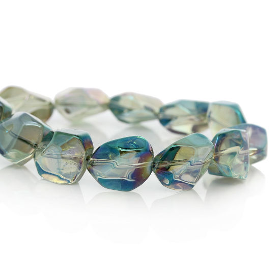 Picture of Glass Loose Beads Irregular Green AB Rainbow Color Aurora Borealis Transparent Faceted About 16mm x 12mm, Hole: Approx 1mm, 62cm long, 1 Strand (Approx 41 PCs/Strand)