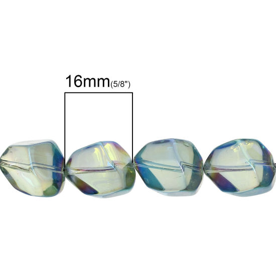 Picture of Glass Loose Beads Irregular Green AB Rainbow Color Aurora Borealis Transparent Faceted About 16mm x 12mm, Hole: Approx 1mm, 62cm long, 1 Strand (Approx 41 PCs/Strand)