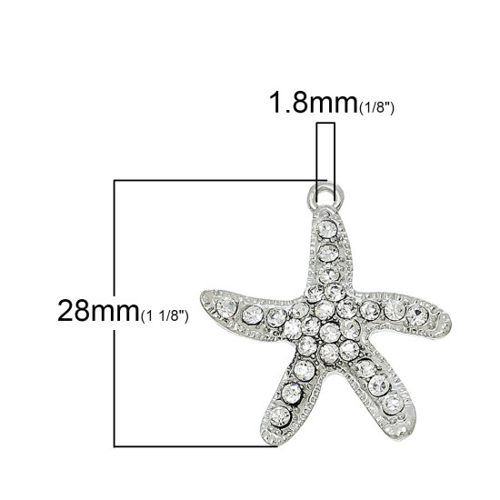 オーシャンアクセサリー 合金+ラインストーン チャーム ペンダント ヒトデ シルバートーン 透明ラインストーン 28mmx 26mm、 5 個 の画像