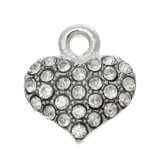 Picture of Zinc Metal Alloy Charm Pendants Heart Silver Tone Clear Rhinestone 13mm( 4/8") x 12mm( 4/8"), 5 PCs