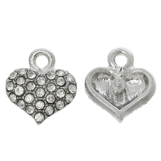 Picture of Zinc Metal Alloy Charm Pendants Heart Silver Tone Clear Rhinestone 13mm( 4/8") x 12mm( 4/8"), 5 PCs