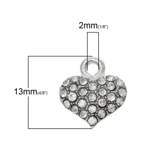 Picture of Zinc Metal Alloy Charm Pendants Heart Silver Tone Clear Rhinestone 13mm( 4/8") x 12mm( 4/8"), 5 PCs