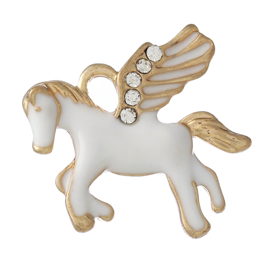 Immagine di Lega + Strass  Charm Ciondoli Pegaso Oro Placcato Bianco Ali Scolpito Trasparente Strass Smalto 24mm x 23mm , 5 Pz
