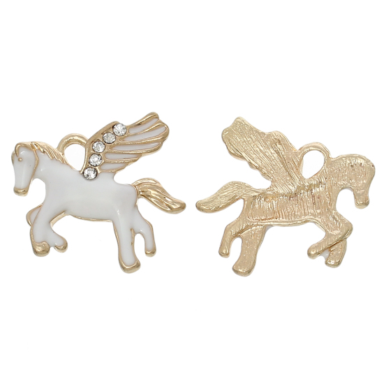 Immagine di Lega + Strass  Charm Ciondoli Pegaso Oro Placcato Bianco Ali Scolpito Trasparente Strass Smalto 24mm x 23mm , 5 Pz