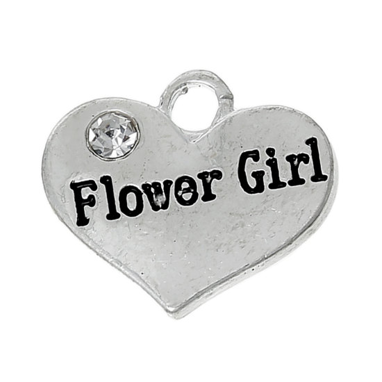 Imagen de Colgantes Aleación + Brillantito de Corazón , Mensaje patrón Argentado Rhinestone Transparente Niña de flores Carved 16mm x14mm( 5/8" x 4/8"), 10 Unidades