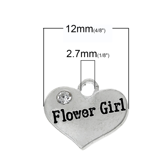 Imagen de Colgantes Aleación + Brillantito de Corazón , Mensaje patrón Argentado Rhinestone Transparente Niña de flores Carved 16mm x14mm( 5/8" x 4/8"), 10 Unidades