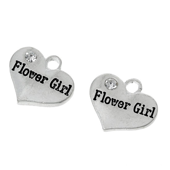 Imagen de Colgantes Aleación + Brillantito de Corazón , Mensaje patrón Argentado Rhinestone Transparente Niña de flores Carved 16mm x14mm( 5/8" x 4/8"), 10 Unidades